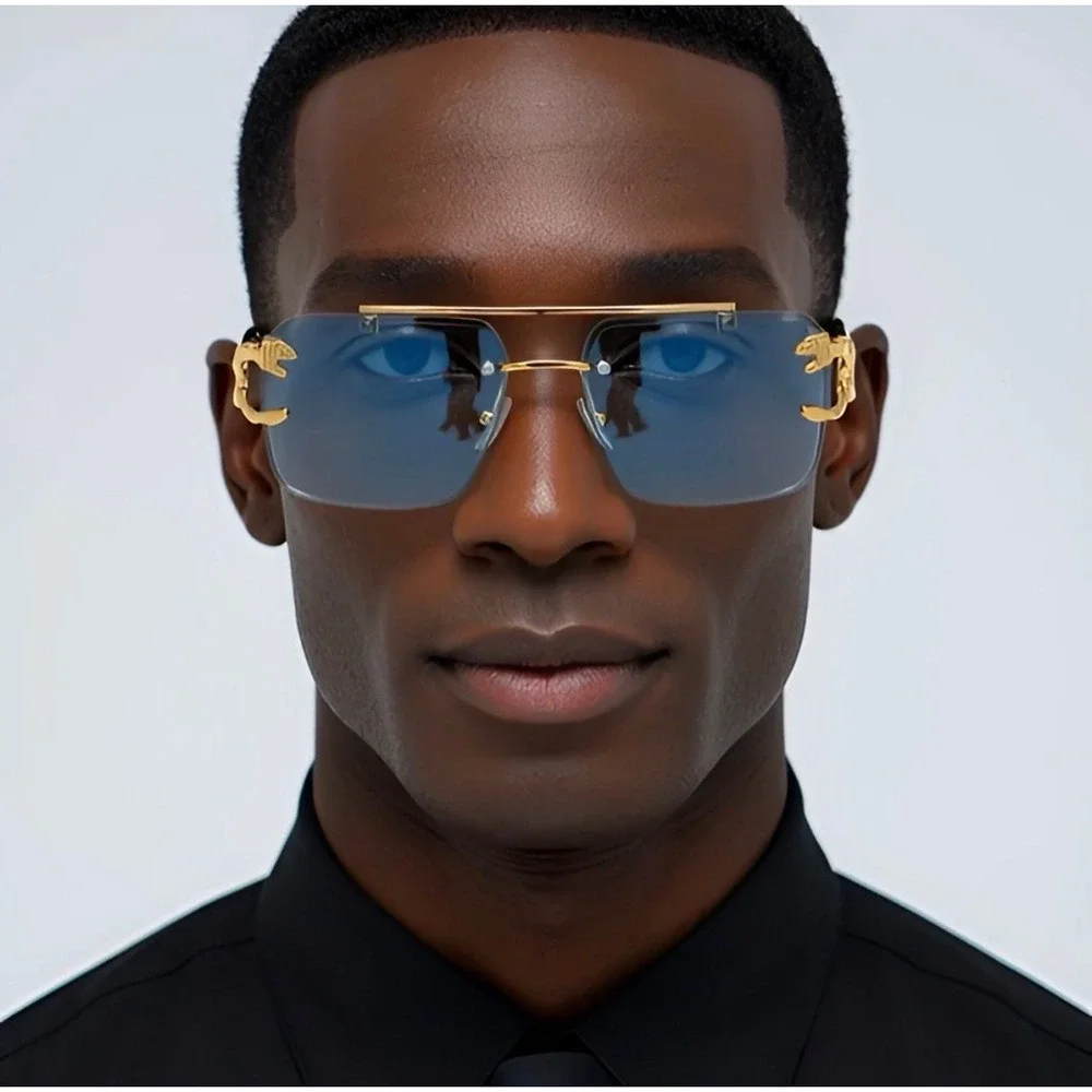 Rimless Rectangle Sunglasses Green Lens Fashion Shades Hip Hop Designer‎ Lentes